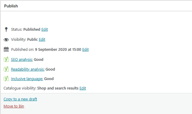 Başarılı Bir Fotoğrafçılık İşinin Sırları 14 Bir WordPress yazısının yayın ayarlarını gösteren ekran görüntüsü; durum yayınlandı, görünürlük herkese açık, yayın tarihi ve SEO analizi, okunabilirlik analizi ve kapsayıcı dil için “İyi” derecelendirmeleri görülüyor. Düzenle ve çöpe taşı seçenekleri de mevcut.