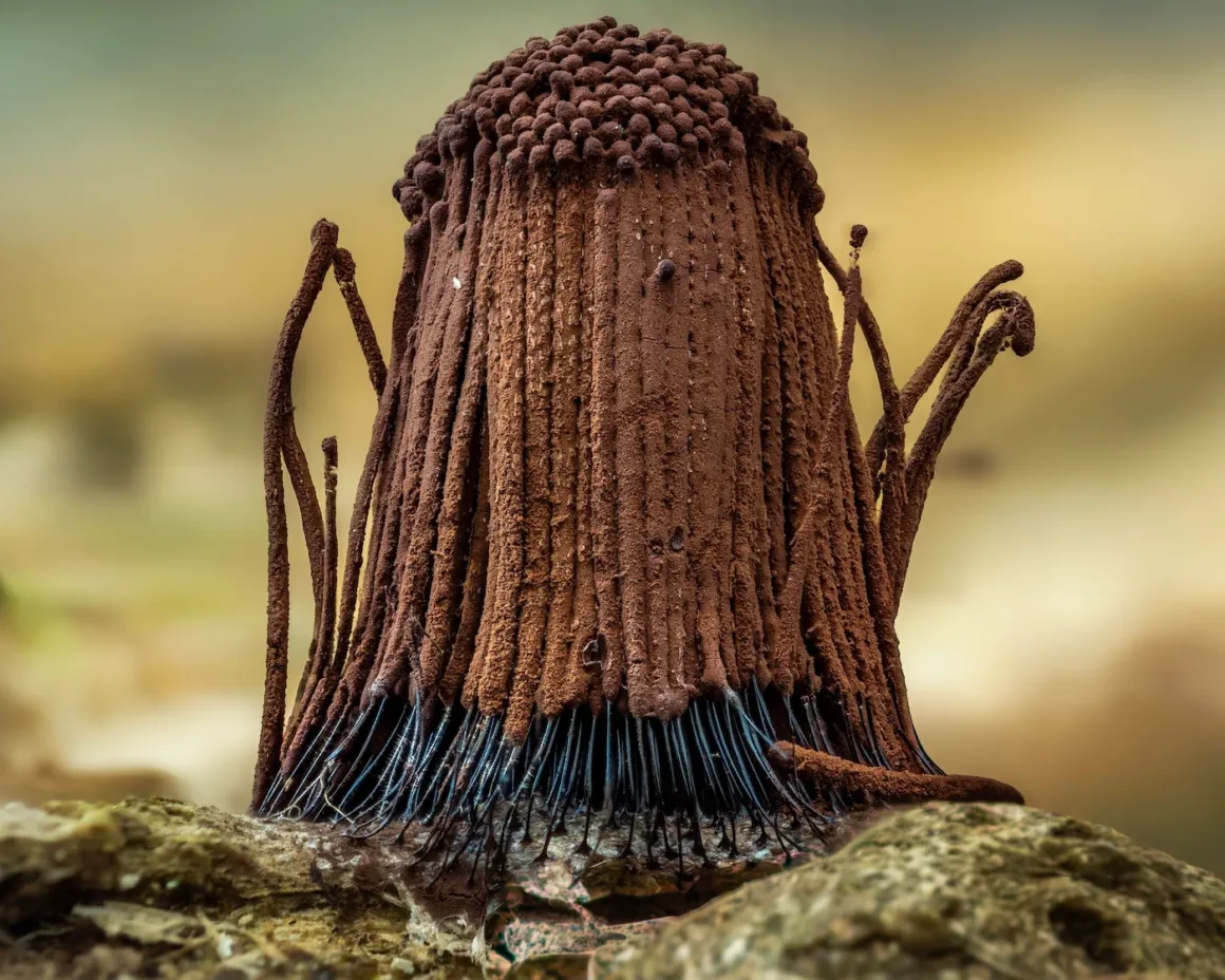 Çürüyen bir kütük üzerinde yükselen çikolata renginde slime mould; silindirik gövde ve yuvarlak spor başları makro detayla görülüyor.