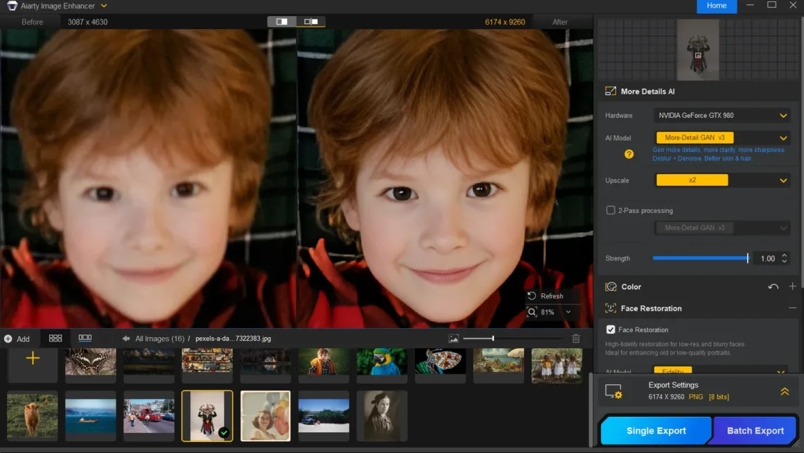 Eski Fotoğrafları Tek Tıkla Netleştirme: Aiarty ile Upscale ve Restore 2 Bir çocuğun fotoğrafının bulanık (sol) ve geliştirilmiş (sağ) hali karşılaştırmalı olarak gösteriliyor. Sağ panelde düzenleme araçları yer alıyor.