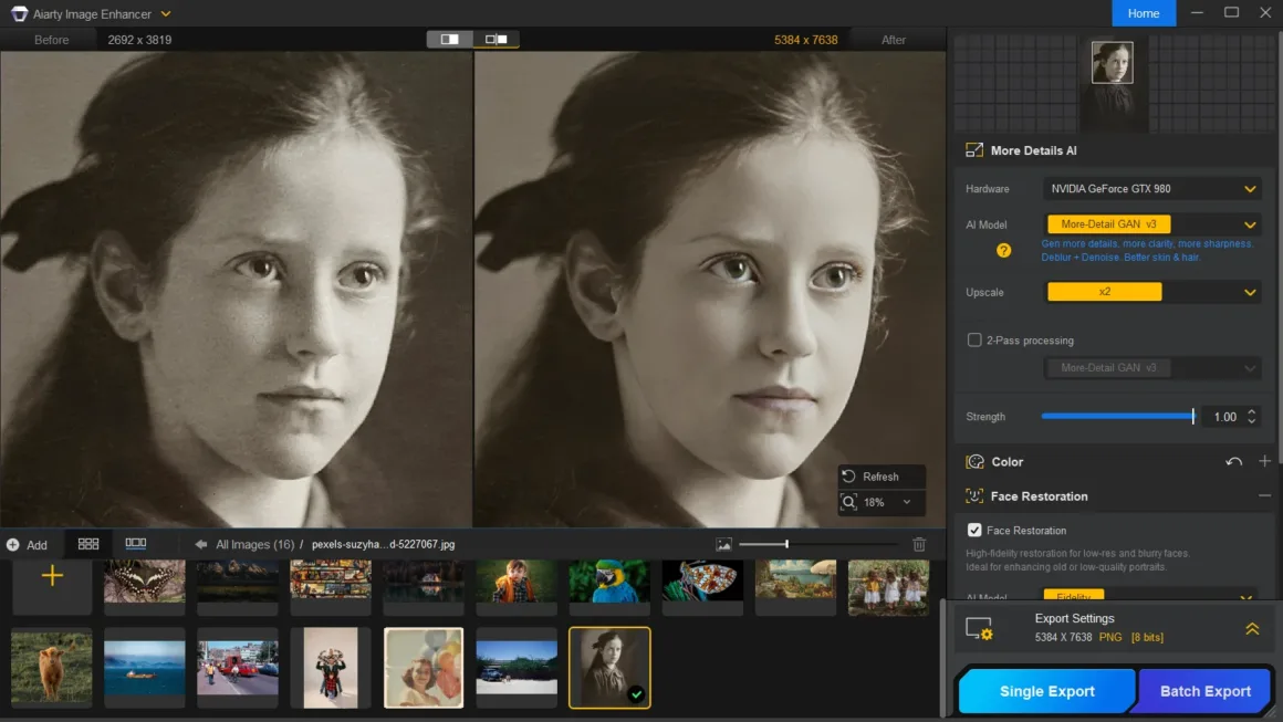 Eski Fotoğrafları Tek Tıkla Netleştirme: Aiarty ile Upscale ve Restore 3 Bir kız çocuğunun bulanık eski fotoğrafı (sol) ve restore edilmiş net hali (sağ) karşılaştırmalı olarak gösteriliyor.