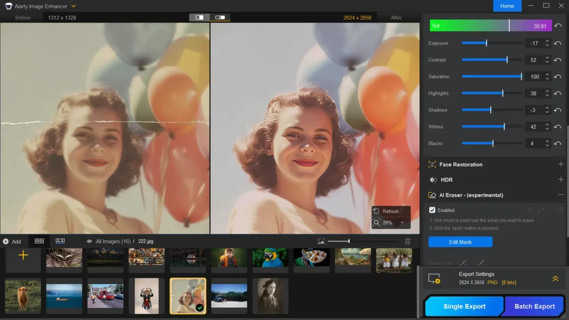 Eski Fotoğrafları Tek Tıkla Netleştirme: Aiarty ile Upscale ve Restore 4 Hasarlı vintage bir fotoğrafın ve restore edilmiş versiyonunun karşılaştırması gösteriliyor.