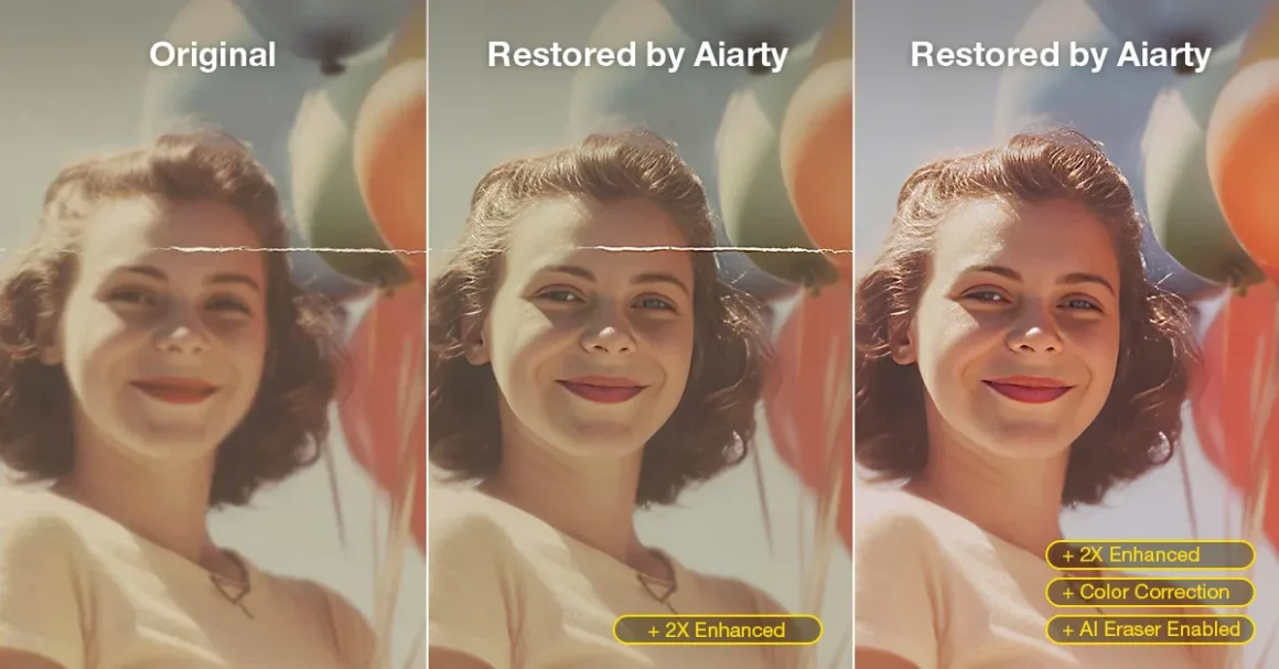 Eski Fotoğrafları Tek Tıkla Netleştirme: Aiarty ile Upscale ve Restore 1 Balon tutan gülümseyen bir kadının vintage fotoğrafının üç versiyonunun karşılaştırması: orijinal (sol), Aiarty ile restore edilip iyileştirilmiş (orta) ve renk düzeltme ile AI silici uygulanmış son hali (sağ).