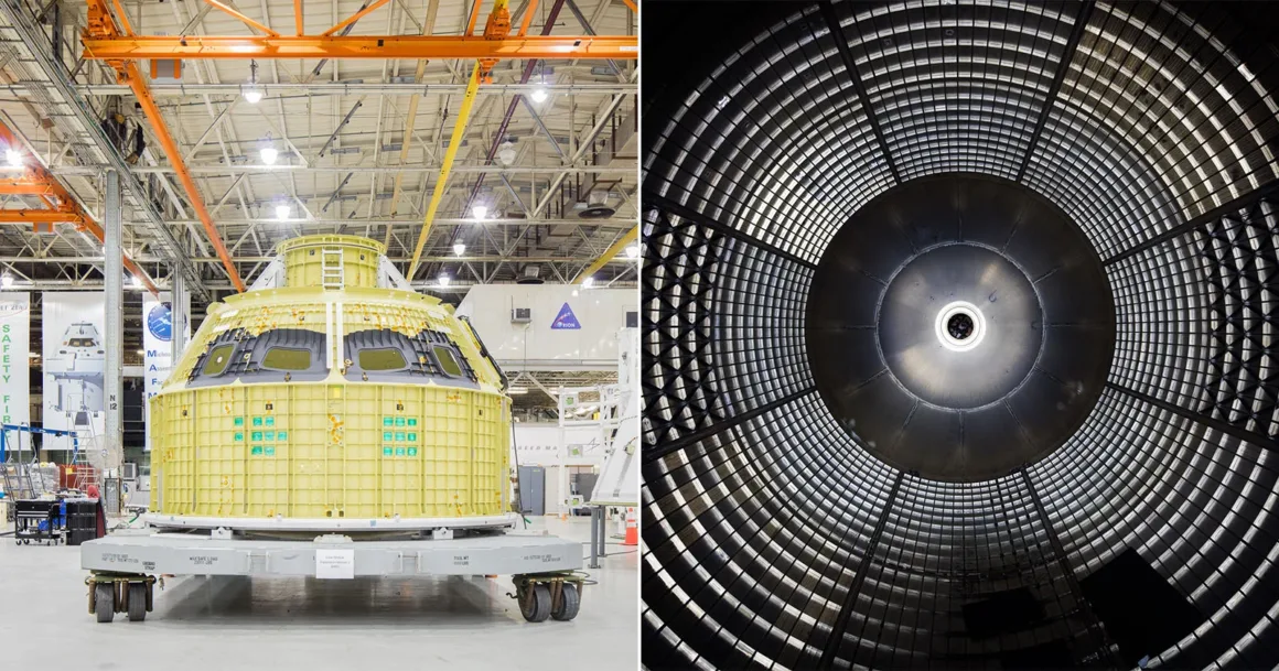 Artemis II’nin Görünmeyen Yüzü: Bir Fotoğrafçı NASA’nın İçini Görüntüledi 1 Artemis II’nin Görünmeyen Yüzü: Bir Fotoğrafçı NASA’nın İçini Görüntüledi
Sol: Büyük bir endüstriyel tesis içinde platform üzerinde duran sarı bir uzay aracı modülü. Sağ: Silindirik bir yapının içine yukarı doğru bakan, dairesel desenli ve metal panelli iç mekân görünümü.