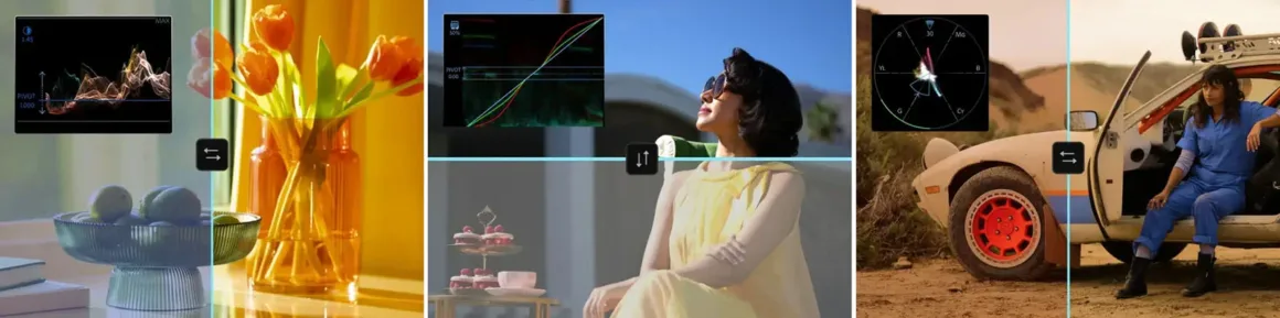 Bölünmüş bir görselde; çiçeklerle birlikte dijital bir ateş grafiği, dış mekânda sarı elbiseli oturan bir kadın ve çöl ortamında kırmızı jantlı beyaz bir aracın yanında mavi giyimli bir kişi yer alıyor; sahneler mavi çizgilerle ayrılmış durumda.