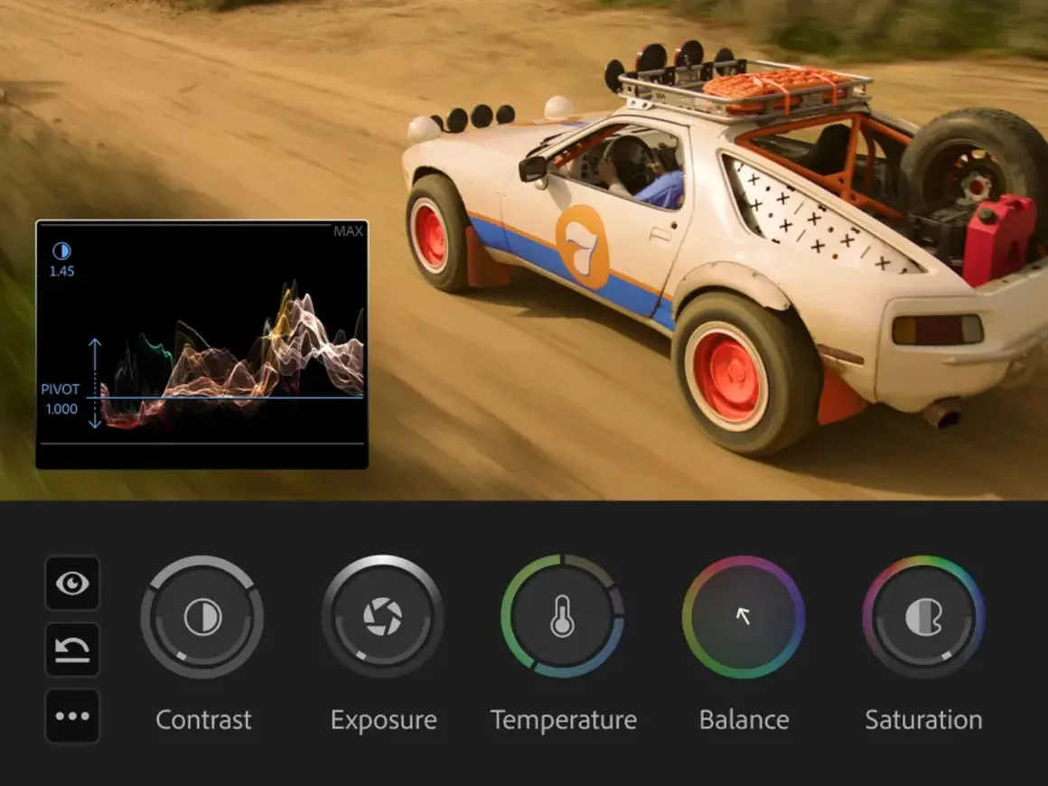 Beyaz ve mavi renkli, kırmızı jantlı bir araç toprak yolda hızla ilerliyor. Görüntünün üzerinde dalga formu grafiği yer alırken, alt kısımda kontrast, pozlama, sıcaklık, denge ve doygunluk için düzenleme kaydırıcıları bulunuyor.