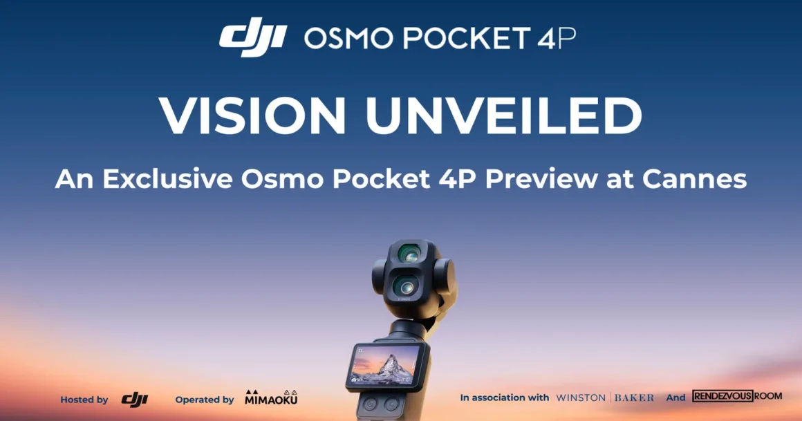 DJI Osmo Pocket 4P tanıtım etkinliği için hazırlanmış görsel. Gün batımında tripod üzerindeki kamera eşliğinde Cannes lansmanına ait tanıtım metni yer alıyor.
