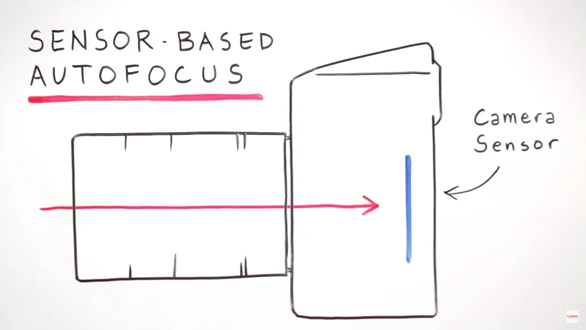 “Sensor-Based Autofocus” başlıklı diyagramda ışığın kamera içinden geçerek sensöre ulaştığı gösteriliyor. Soldan sağa ilerleyen kırmızı ok ışık yolunu, mavi dikey çizgi ise sensörü temsil ediyor.