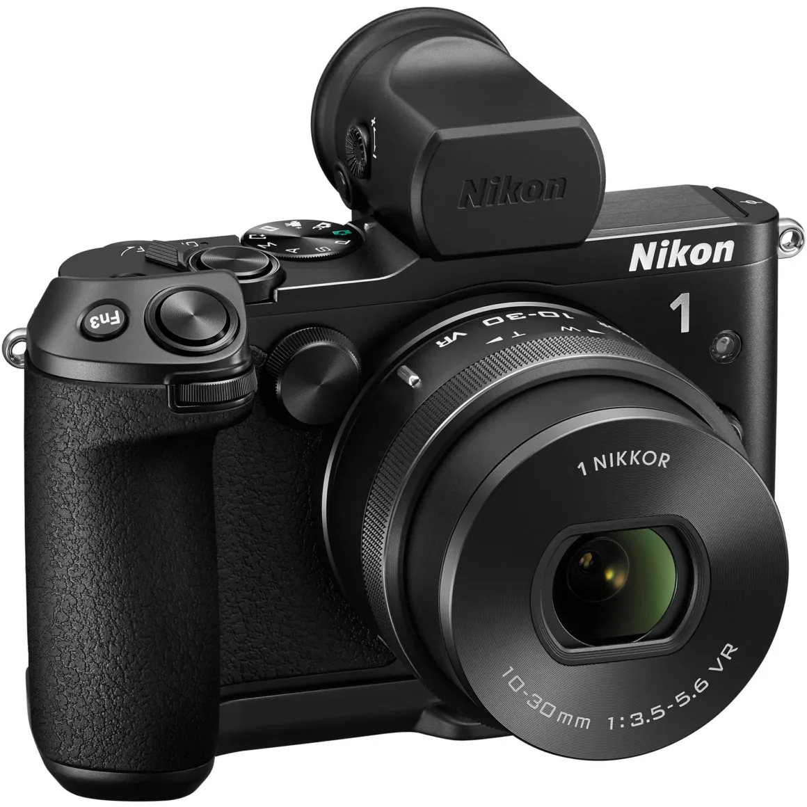 1 NIKKOR 10-30mm lens takılı siyah Nikon dijital kamera; dokulu tutma alanı, elektronik vizör ve çeşitli kontrol düğmeleriyle beyaz arka plan üzerinde gösteriliyor.