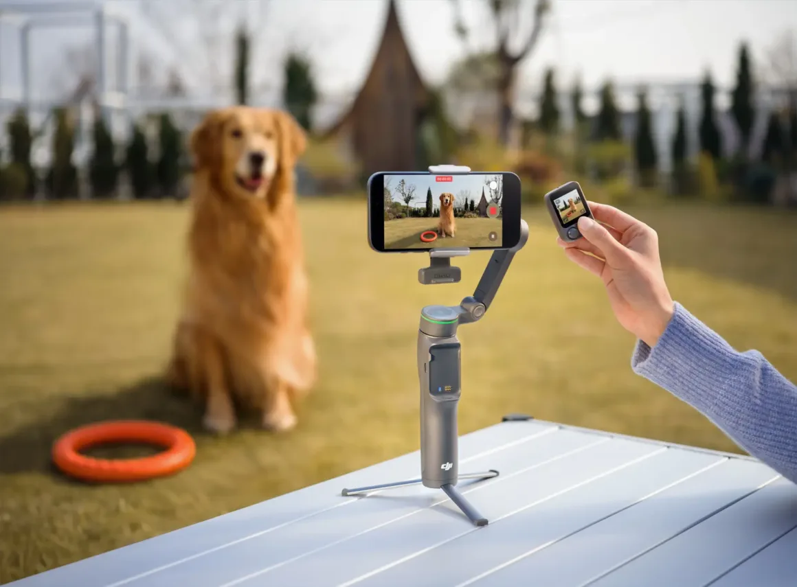 DJI Osmo Mobile 8P Tanıtıldı: Çıkarılabilir Uzaktan Kontrol Ekranı ile GeliyorBir kişi, güneşli bir günde çimlerin üzerinde duran ve turuncu halka oyuncağıyla oynayan golden retriever köpeğini çekmek için akıllı telefon gimbali ve uzaktan kontrol cihazı kullanıyor.