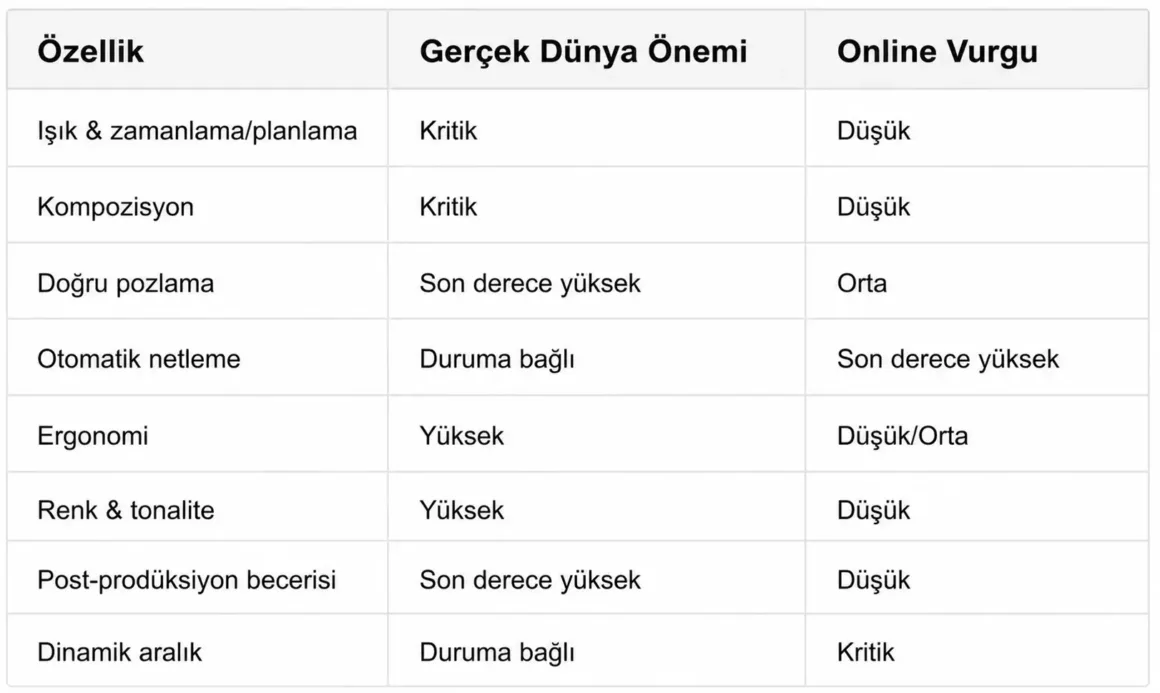 Fotoğraf özelliklerini karşılaştıran bir tablo; sütunlarda Özellik, Gerçek Dünya Önemi ve Online Vurgu yer alıyor. Pozlama, otomatik netleme ve dinamik aralık gibi başlıklar farklı önem ve vurgu seviyeleriyle gösteriliyor.