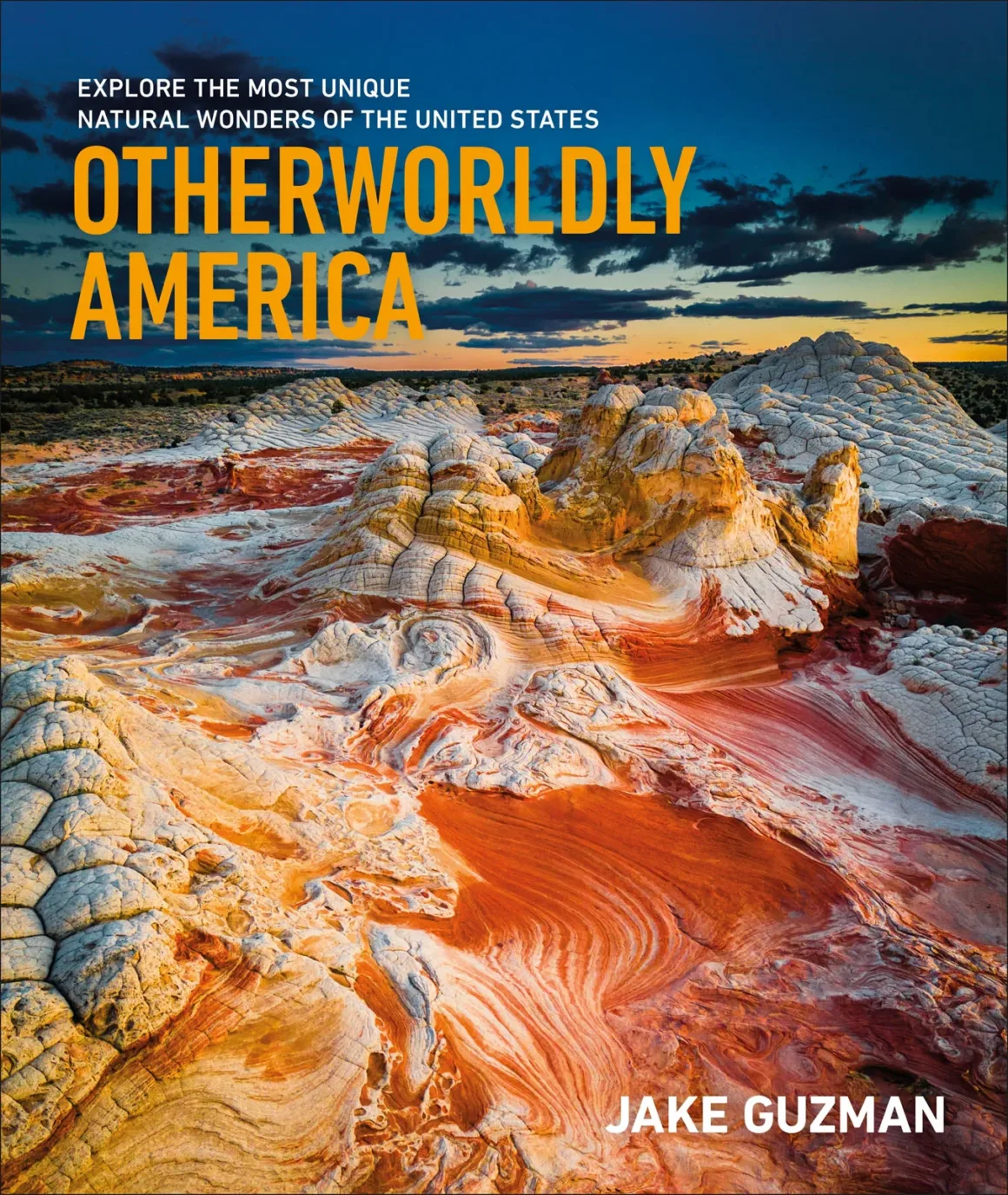 Jake Guzman: Otherworldly America 14 Jake Guzman'ın Penguin Random House tarafından yayımlanan Otherworldly America kitabının kapağı. Kapakta dramatik bir gökyüzü altında renkli ve katmanlı kaya oluşumları yer alıyor.