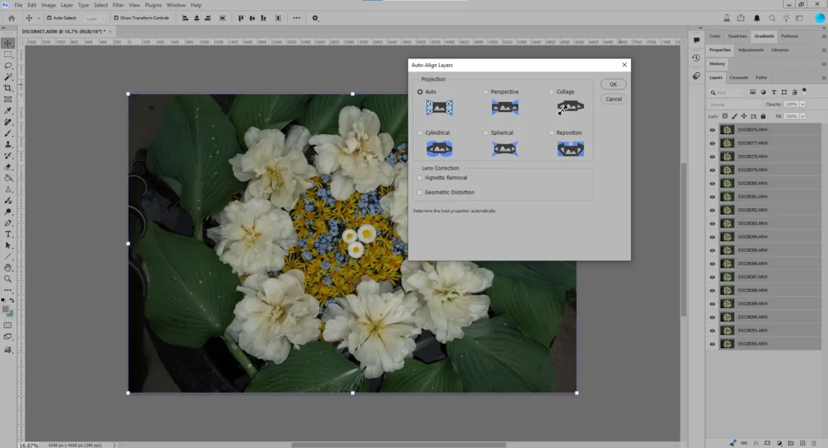 Adobe Photoshop ekran görüntüsünde bir çiçek kolajı düzenleniyor. Auto-Align Layers iletişim penceresi açık ve düzenlenmiş çiçekler ile yeşil yapraklardan oluşan görüntünün üzerinde Auto, Perspective ve Collage gibi hizalama seçenekleri görüntüleniyor.