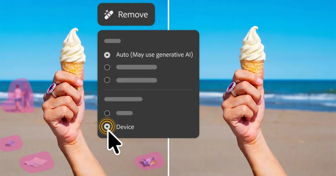 Adobe, Lightroom ve Photoshop'taki Yapay Zekâ Araçlarını Daha Fazla Kullanıcı Kontrolüyle Güncelledi
Bir kişinin plajda vanilyalı dondurma tuttuğu fotoğraf üzerinde nesne kaldırma seçeneğini gösteren düzenleme menüsü yer alıyor. Görüntü, düzenlenmiş ve düzenlenmemiş bölümler olarak ikiye ayrılmış; nesneler bir tarafta kaldırılmış durumda.