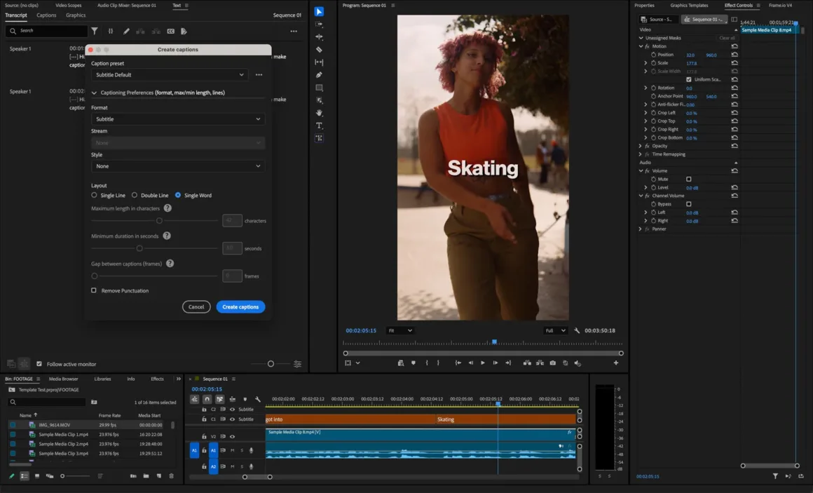 Bir video düzenleme yazılımı arayüzünde turuncu üst giyen bir kadının yer aldığı dikey video görülüyor. Videonun üzerinde 'Skating' kelimesi yer alırken, ekranın geri kalanında çeşitli düzenleme panelleri ve zaman çizelgesi bulunuyor.