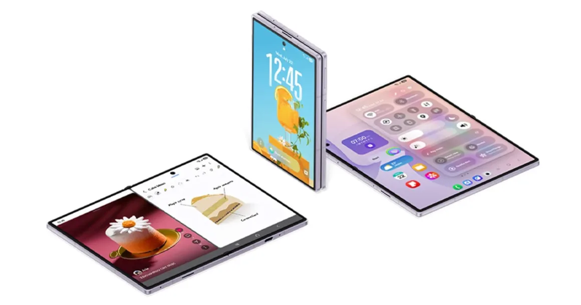 Üç katlanabilir akıllı telefon gösteriliyor: Biri tablet gibi tamamen açık halde notlar uygulamasını görüntülüyor, biri yarı katlanmış şekilde saat ekranını göstererek dik duruyor, diğeri ise tamamen açık halde ayarlar ekranını sergiliyor.