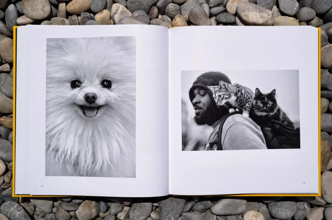 Alan Schaller : Street Safari 5 Açık bir kitabın sayfalarında siyah beyaz iki fotoğraf yer alıyor; solda tüylü beyaz bir köpek, sağda omuzlarında bir kedi ve yavru kedi taşıyan bir adam görülüyor.