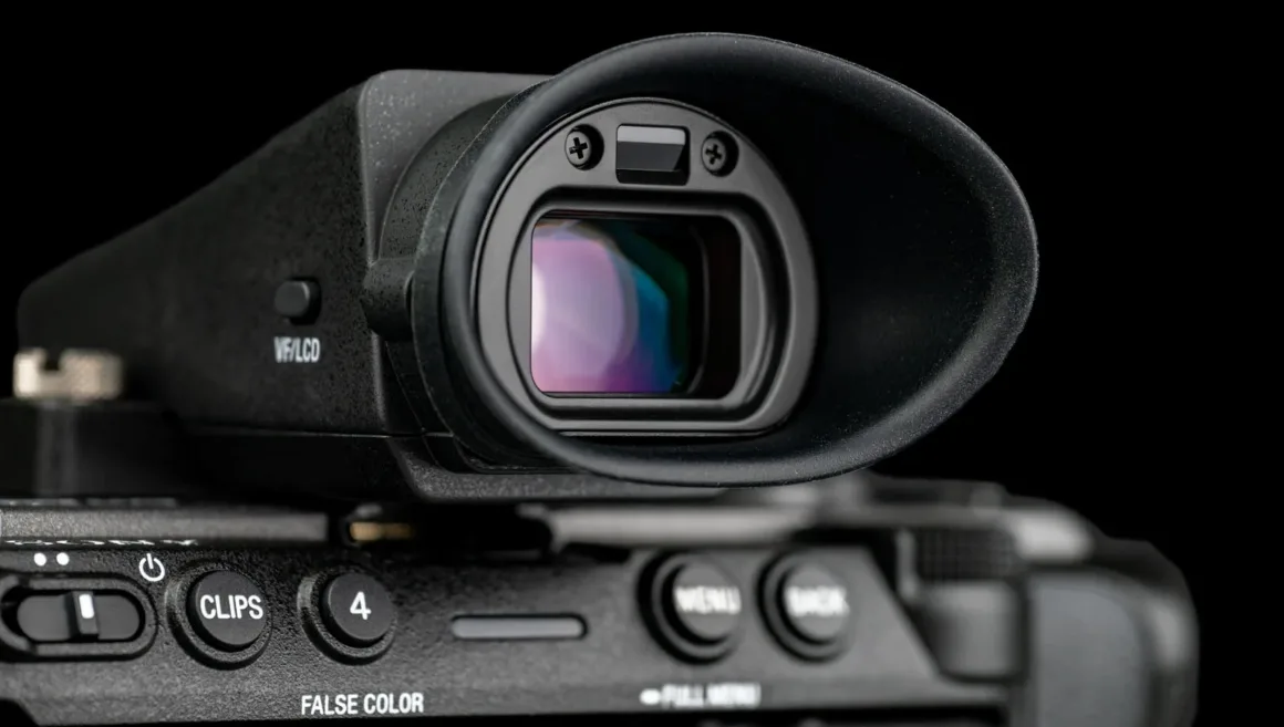 Sony FX5'in elektronik vizörünü ve kontrol düğmelerini gösteren yakın plan görünüm.