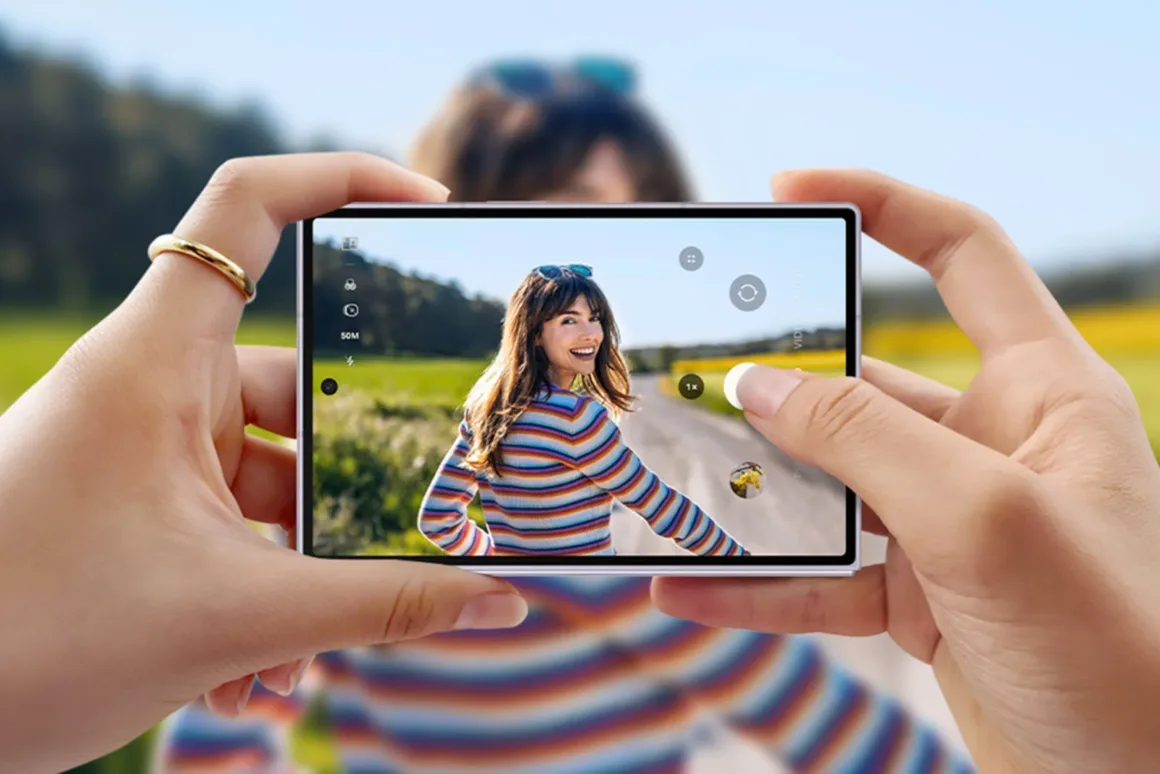 Bir kişi akıllı telefonuyla, yeşillikler ve mavi gökyüzü eşliğinde kırsal bir yolda duran, renkli çizgili kazak giymiş gülümseyen bir kadının fotoğrafını çekiyor.