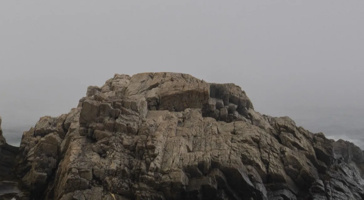 HiRezGo: Fotoğrafları Sıkıştırmadan Paylaşmanın Yeni Yolu 9 A large, rugged rock formation sits by the ocean under a gray, foggy sky, with faint waves visible in the background.