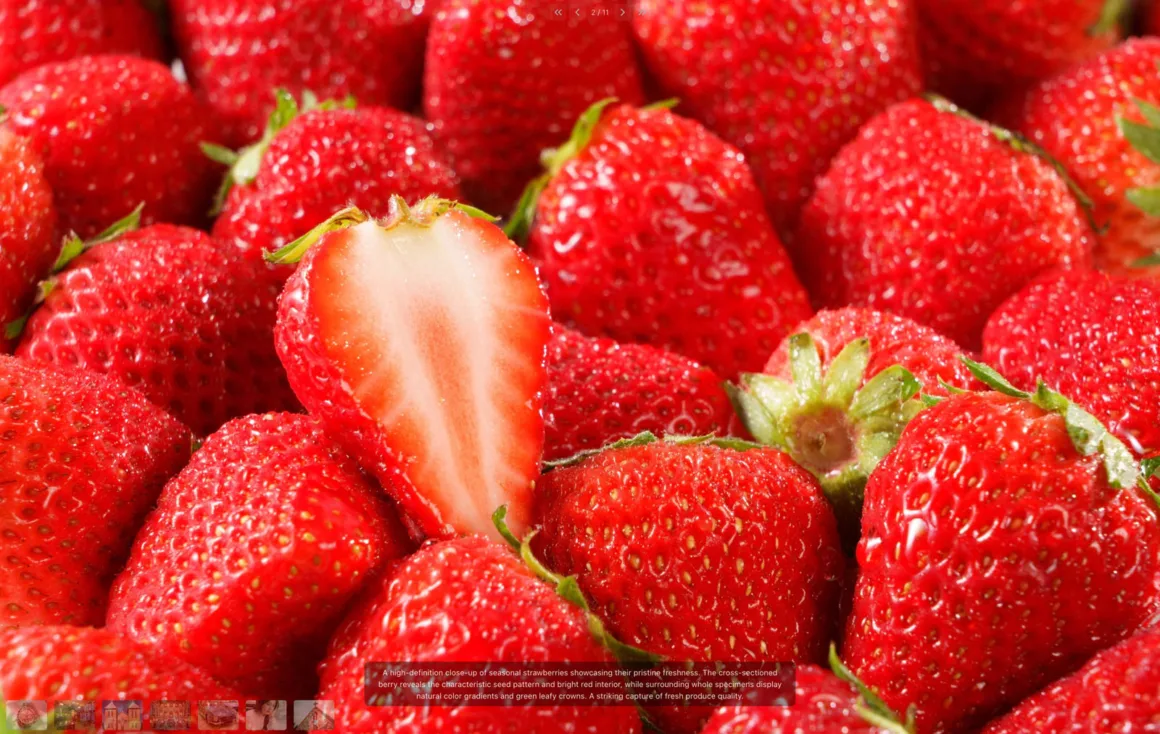 HiRezGo: Fotoğrafları Sıkıştırmadan Paylaşmanın Yeni Yolu 6 A close-up of fresh, ripe strawberries with vibrant red color. One strawberry is sliced in half, revealing its juicy, white and red interior among whole strawberries. The fruit appears glossy and appetizing.