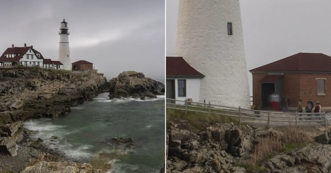 HiRezGo: Fotoğrafları Sıkıştırmadan Paylaşmanın Yeni Yolu 1 A lighthouse with attached buildings stands on rocky cliffs by the ocean under a cloudy sky. In a closer view, people walk near the lighthouse and a red-roofed brick building, with waves crashing on rocks below.