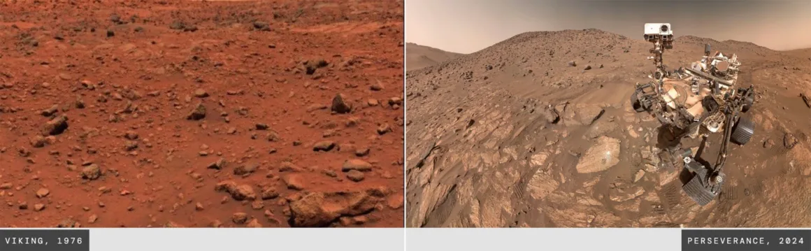 Mars'ta Çekilen İlk Fotoğrafın Üzerinden 50 Yıl Geçti 3 Viking'in 1976'da ve Perseverance'ın 2024'te Mars yüzeyinden kaydettiği görüntülerin yan yana karşılaştırılması.