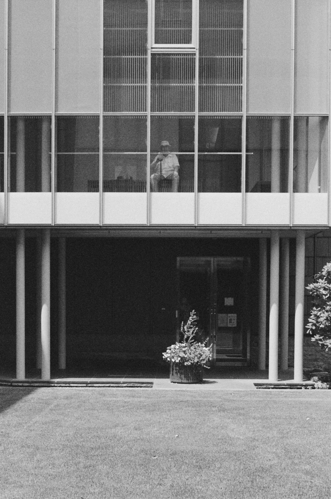 Contax G2 Efsanesi Boşuna Değil: Bu Kamera Harika 28 A person sits on a balcony behind a glass wall of a modern building, overlooking a lawn with a potted plant near the entrance.