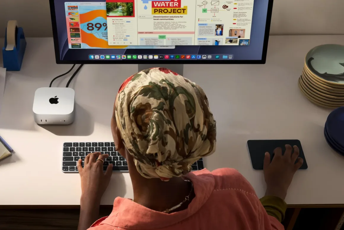 Çiçek desenli başörtüsü takan bir kişi, masasında Mac mini, klavye ve trackpad kullanarak büyük bir monitörde su projesi sunumunu inceliyor.