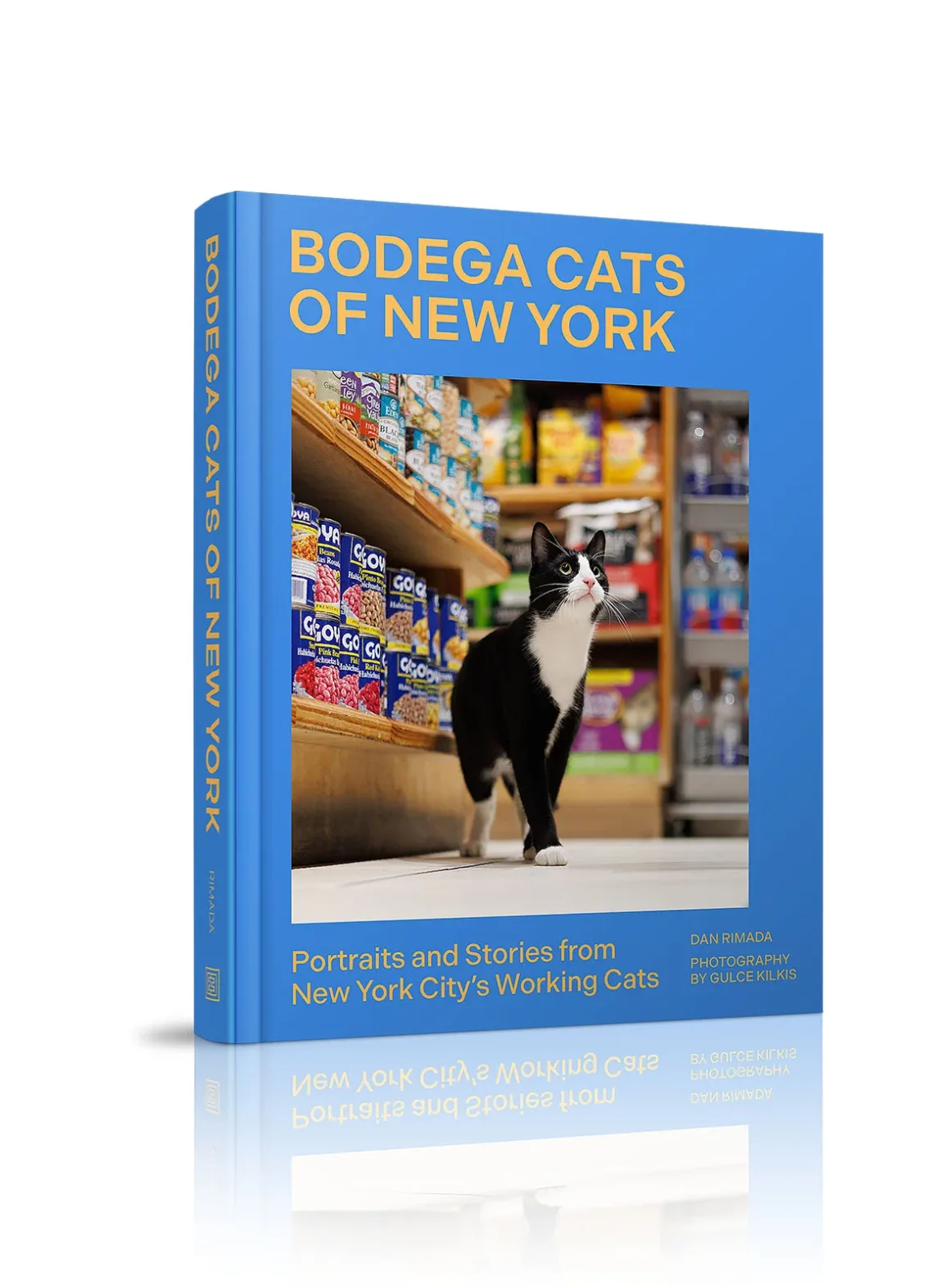 Bodega Kedileri: New York'un Mahalle Dükkânlarının Sessiz Kahramanları 12 Market koridorunda duran siyah beyaz bir kedinin yer aldığı kapak tasarımına sahip mavi ciltli 'Bodega Cats of New York' kitabı.