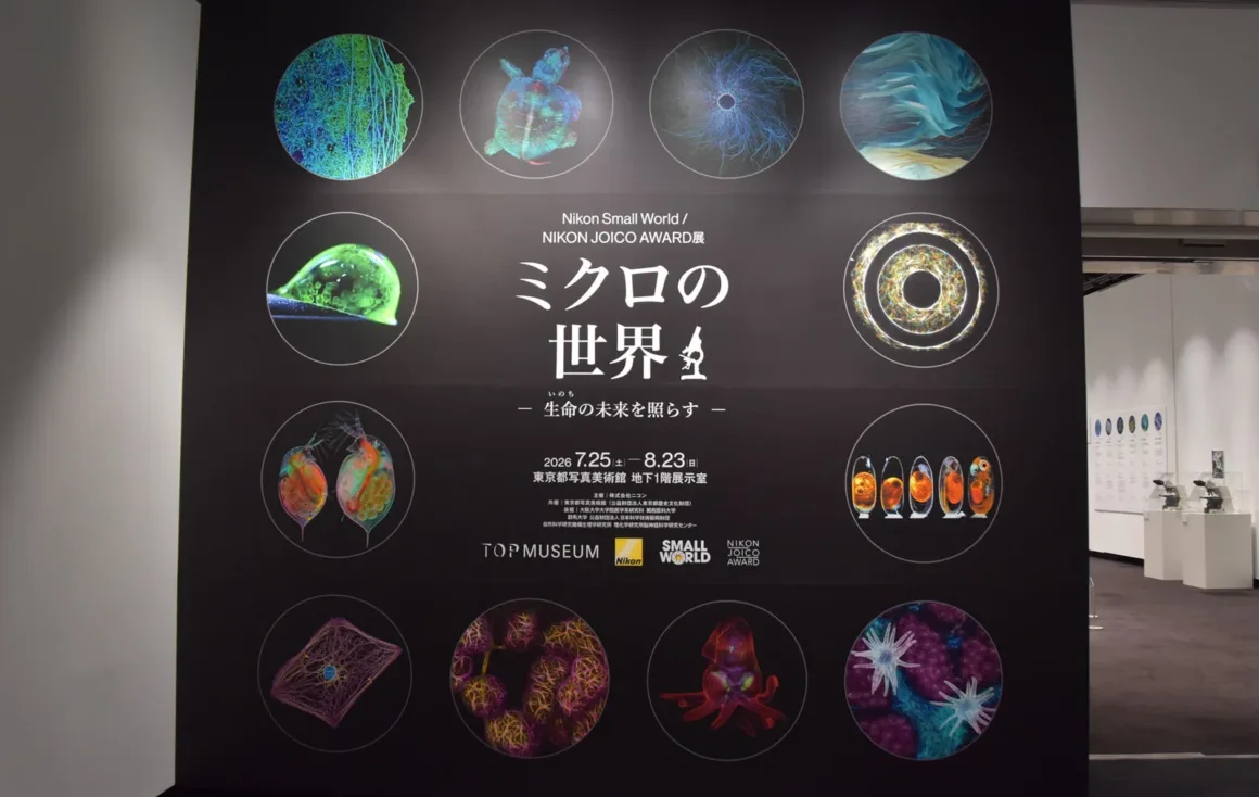 Nikon, 101 Yıllık Mikroskop Mirasını Fotomikrografinin Gizli Dünyasıyla Kutluyor 2 Büyük siyah bir sergi duvarında Nikon Small World ve Nikon Joico Award başlıkları ile “Mikro Dünya - Yaşamın Geleceğini Aydınlatmak” ifadesi yer alıyor. Çevresinde biyolojik yapılara ait on iki dairesel mikroskobik görüntü, alt bölümde ise etkinlik tarihleri ve müze bilgileri bulunuyor.