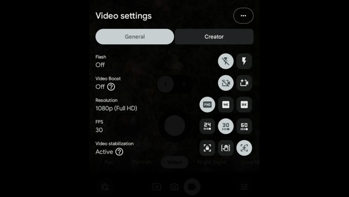 Google Pixel 11 Pro XL İncelemesi: Küçük Ama Anlamlı Bir Adım 42 Bir akıllı telefon ekranında flaş, video iyileştirme, çözünürlük, kare hızı ve görüntü sabitleme seçeneklerini içeren video ayarları görüntüleniyor.