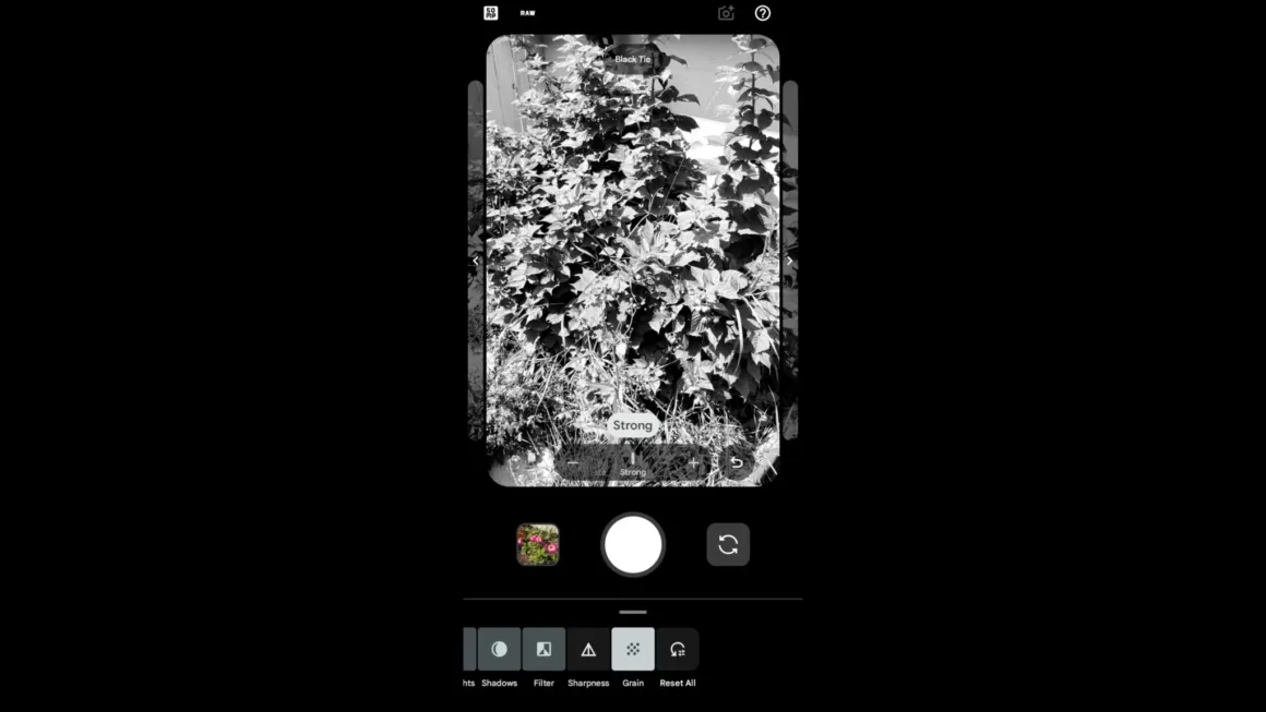 Google Pixel 11 Pro XL İncelemesi: Küçük Ama Anlamlı Bir Adım 36 Bir akıllı telefon ekranında yapraklı bir çalı fotoğrafına siyah-beyaz filtre uygulanmış bir fotoğraf düzenleme arayüzü görülüyor; ekranda ayar kaydırıcıları ile gölgeler, filtreler, keskinlik, gren ve sıfırlama seçeneklerini içeren bir alt menü bulunuyor.