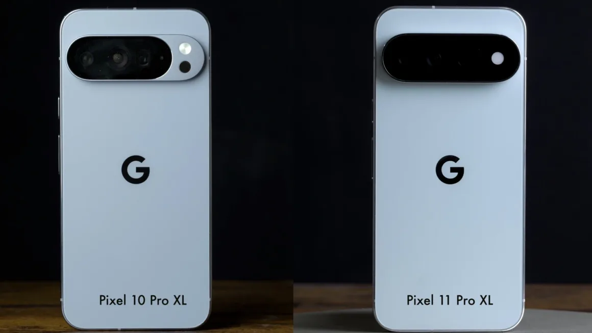 Google Pixel 11 Pro XL İncelemesi: Küçük Ama Anlamlı Bir Adım 21 Siyah bir arka plan önünde yan yana duran iki açık mavi akıllı telefon; soldaki "Pixel 10 Pro XL", sağdaki ise "Pixel 11 Pro XL" olarak etiketlenmiş.
