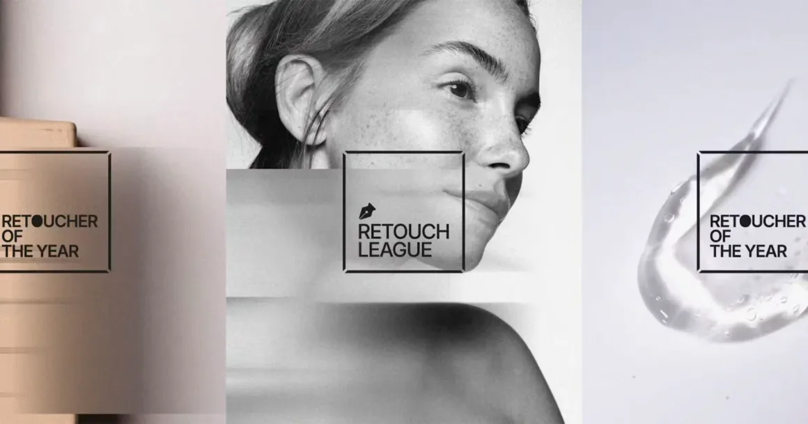 Solda bej renkli bir blok, ortada bir kadın yüzü ve sağda jel dokusu bulunan üç parçalı görsel; üzerinde "Retoucher of the Year" ve "Retouch League" yazıları yer alıyor.