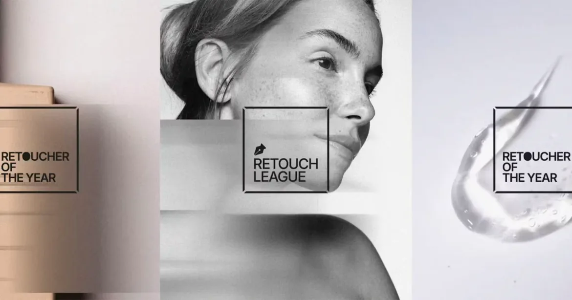 A triptych featuring a beige block on the left, a woman's face in the center, and a gel smear on the right, with "Retoucher of the Year" and "Retouch League" text overlays.