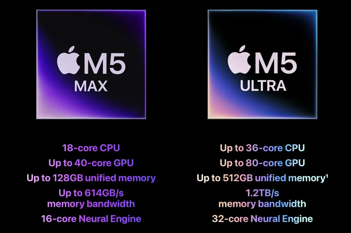Apple M5 Max ve M5 Ultra çiplerinin CPU, GPU, bellek ve motor çekirdeklerini karşılaştıran teknik özellik tablosu.