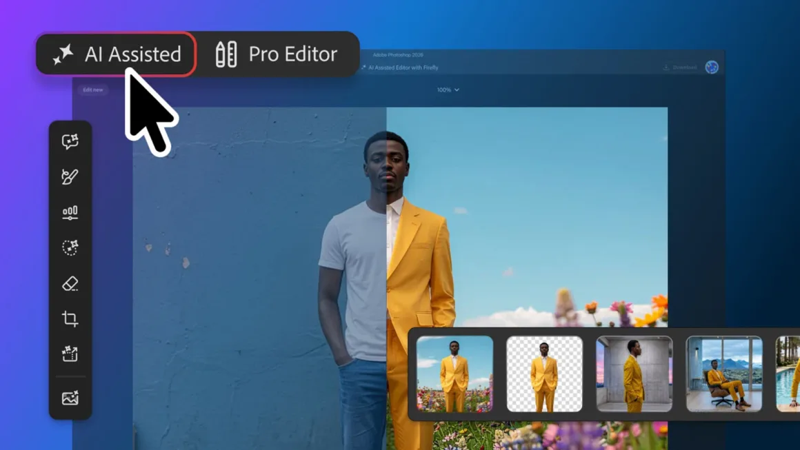 Adobe, Camera Raw’ın Güçlü Pozlama Araçlarını Photoshop’a Taşıyor 13 Photoshop Yapay Zekâ Destekli Editör arayüzünde soldaki araç çubuğu ve alttaki düzenlenmiş görsel seçenekleri.
