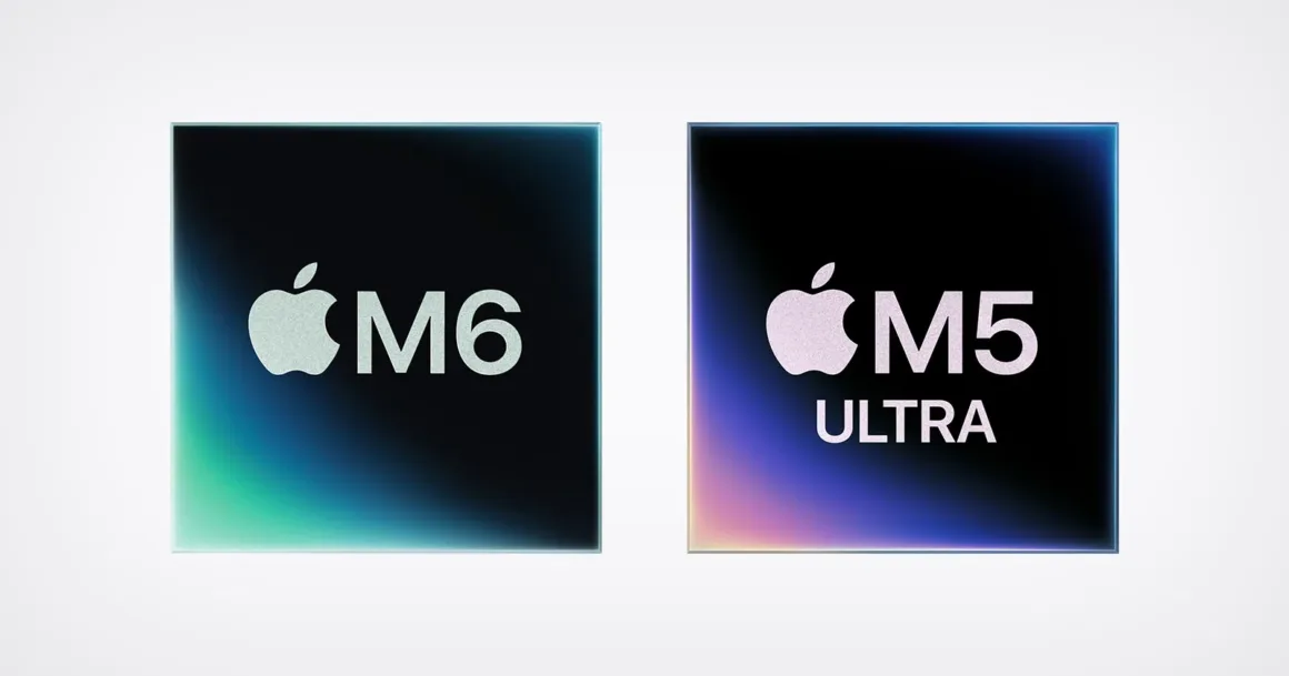 Apple, İlk 2 Nanometre Çipi M6’yı ve Son Derece Güçlü M5 Ultra’yı Tanıttı 1 Yan yana duran iki kare Apple Silicon çip simgesi; yeşil geçişli olanın üzerinde “M6”, mor geçişli olanın üzerinde “M5 ULTRA” yazıyor.