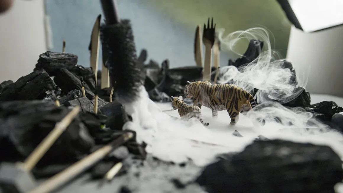 Doğanın Yerini Atıkların Aldığı Bir Dünya: Benedek Lampert'in Yeni Fotoğraf Serisi 12 Two toy tigers walk through a landscape of charcoal pieces, wooden utensils, and swirling white smoke.