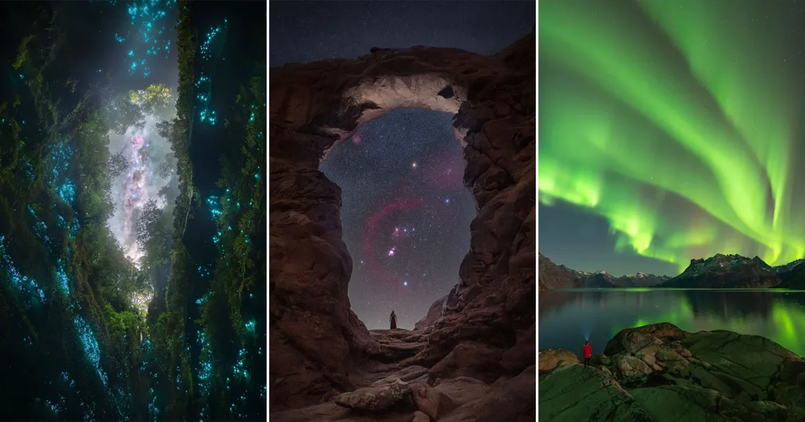 Dünyanın En Karanlık Gökyüzlerinin Güzelliğini Yansıtan 31 Ödüllü Fotoğraf 1 Dünyanın En Karanlık Gökyüzlerinin Güzelliğini Yansıtan 31 Ödüllü Fotoğraf
A triptych showing a glowing cave with a starry sky, a person standing under a natural rock arch at night, and an aurora.