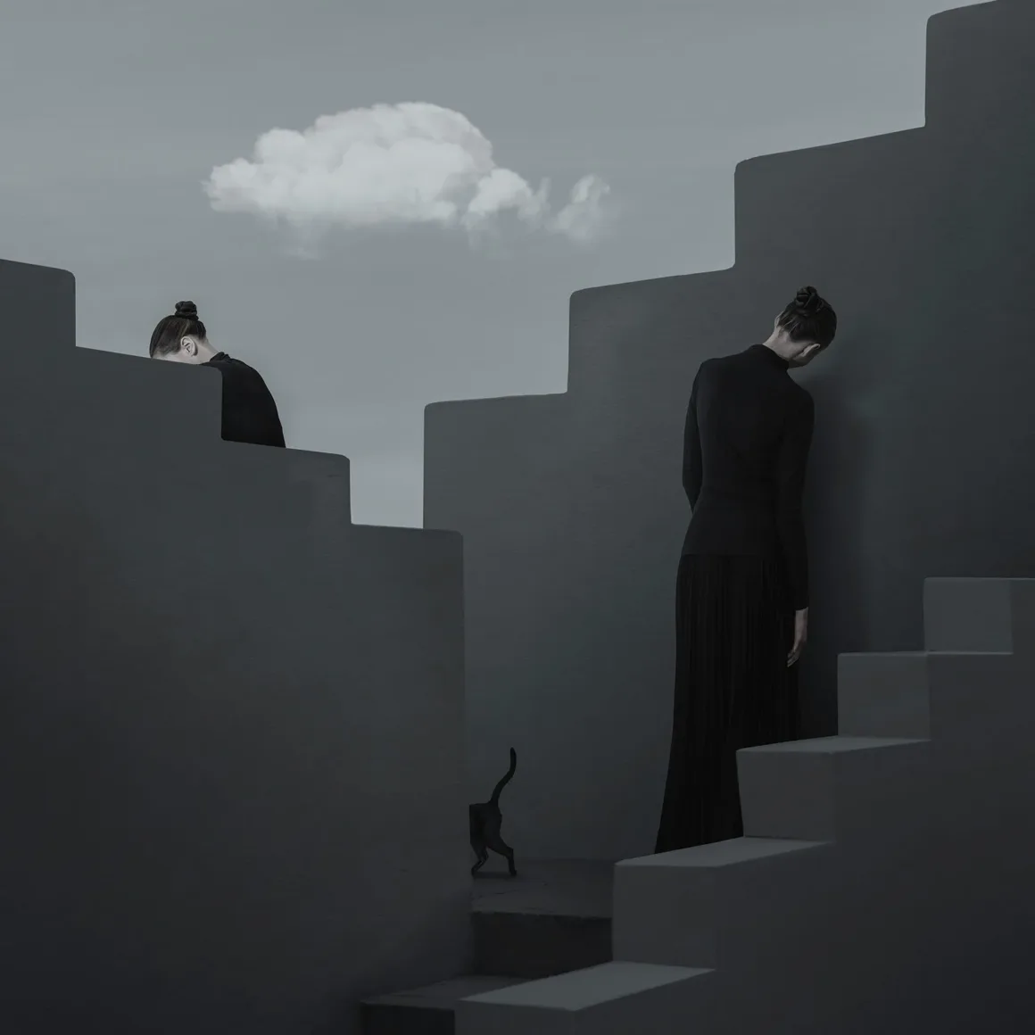 Minimalist Fotoğraf Ödülleri 2026: Kazananlar Sadeliğin Gücünü Gösteriyor 32 Two women in black clothing stand on separate levels of a minimalist, gray stepped structure, with a small cat walking between them under a single cloud.