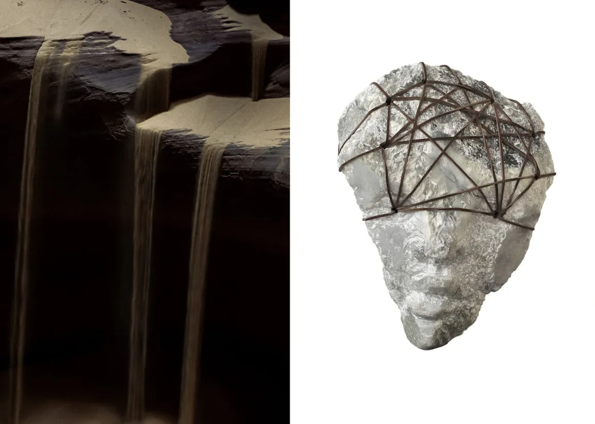 Minimalist Fotoğraf Ödülleri 2026: Kazananlar Sadeliğin Gücünü Gösteriyor 33 A split image showing sand cascading over dark rock ledges on the left and a stone face sculpture bound in leather cords on the right.