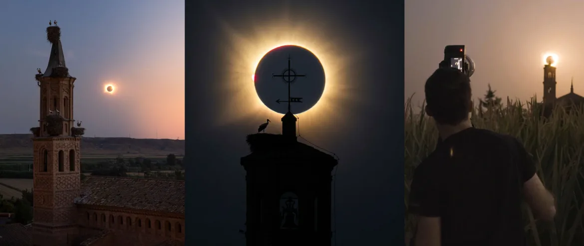 A triptych showing a solar eclipse over a church tower with storks, a close-up of the eclipse behind a cross, and a photographer.