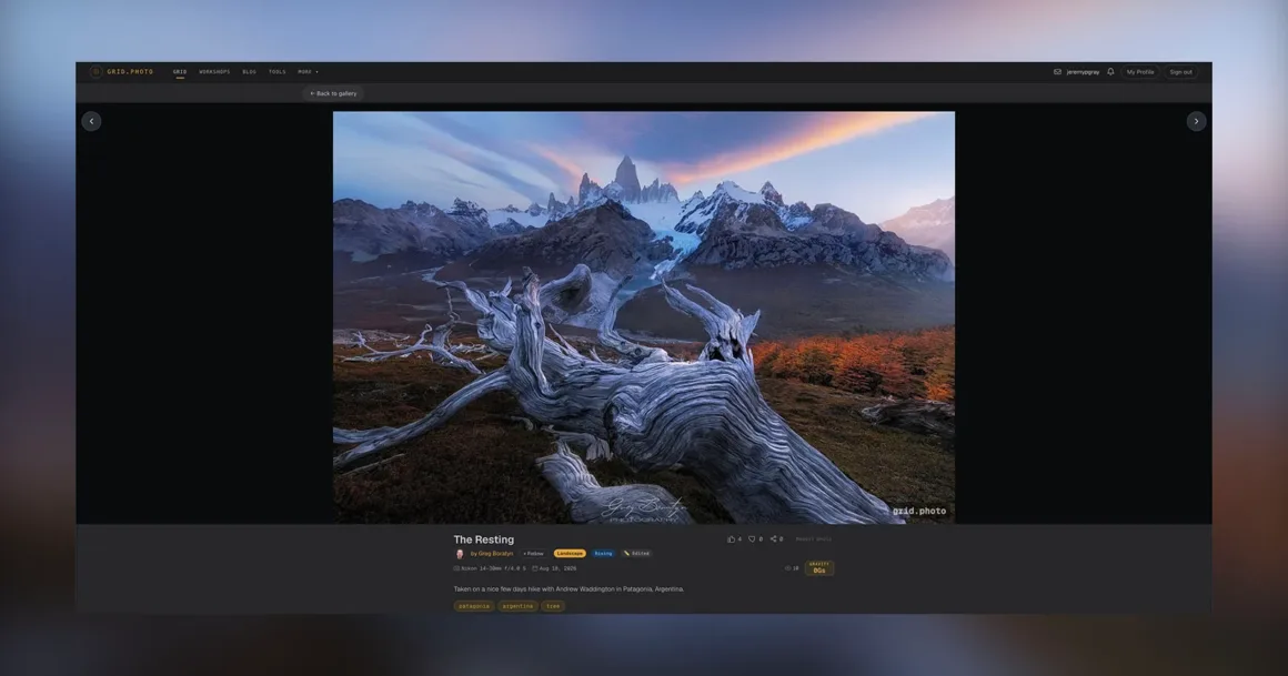 Fotoğrafçılar İçin Yeni Bir Instagram Alternatifi: grid.photo 1 Fotoğrafçılar İçin Yeni Bir Instagram Alternatifi: grid.photo
Gün batımı göğünün altında yükselen sivri ve karla kaplı dağların önünde, yıpranmış ve kıvrımlı bir ağaç gövdesi uzanıyor.