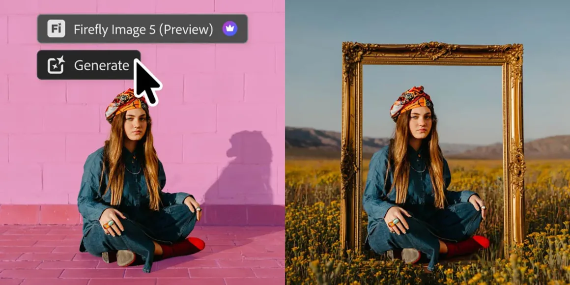 Adobe, Camera Raw’ın Güçlü Pozlama Araçlarını Photoshop’a Taşıyor 10 Solda pembe duvar önünde, sağda sarı çiçekli alandaki altın çerçevenin içinde oturan kadının düzenleme karşılaştırması.