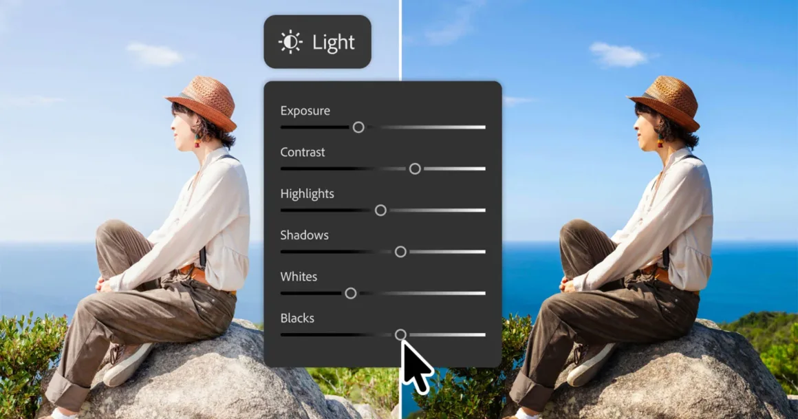Adobe, Camera Raw’ın Güçlü Pozlama Araçlarını Photoshop’a Taşıyor 1 Photoshop Işık Ayarlama Katmanı ile kaya üzerinde oturan kişinin fotoğrafında düzenleme öncesi ve sonrası karşılaştırması.