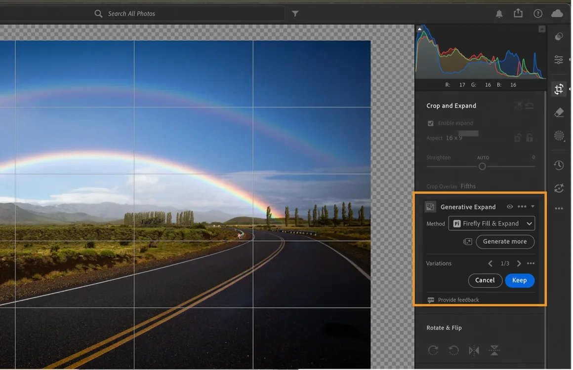Adobe Lightroom'da, bir yolun üzerindeki gökkuşağını gösteren manzara fotoğrafında Generative Expand aracının etkin olduğu ekran görüntüsü.