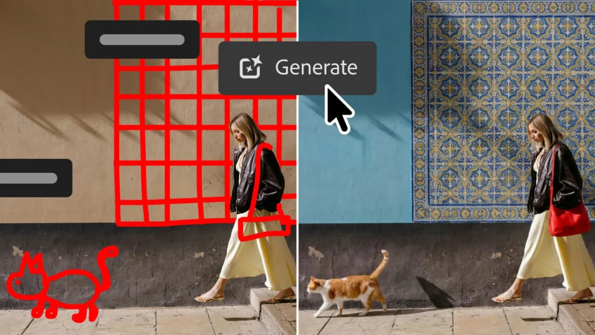 Adobe, Camera Raw’ın Güçlü Pozlama Araçlarını Photoshop’a Taşıyor 11 Solda kırmızı çizgilerle eklenen kedi ve duvar ızgarası, sağda bu işaretlemelerden üretilen düzenlenmiş fotoğraf.