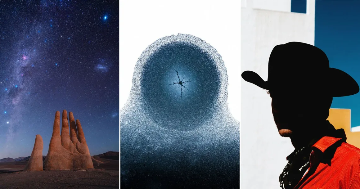 Minimalist Fotoğraf Ödülleri 2026 seçkisinden yıldızlı gökyüzü altında taş el heykeli, dairesel buz deseni ve kovboy şapkalı bir kişi.