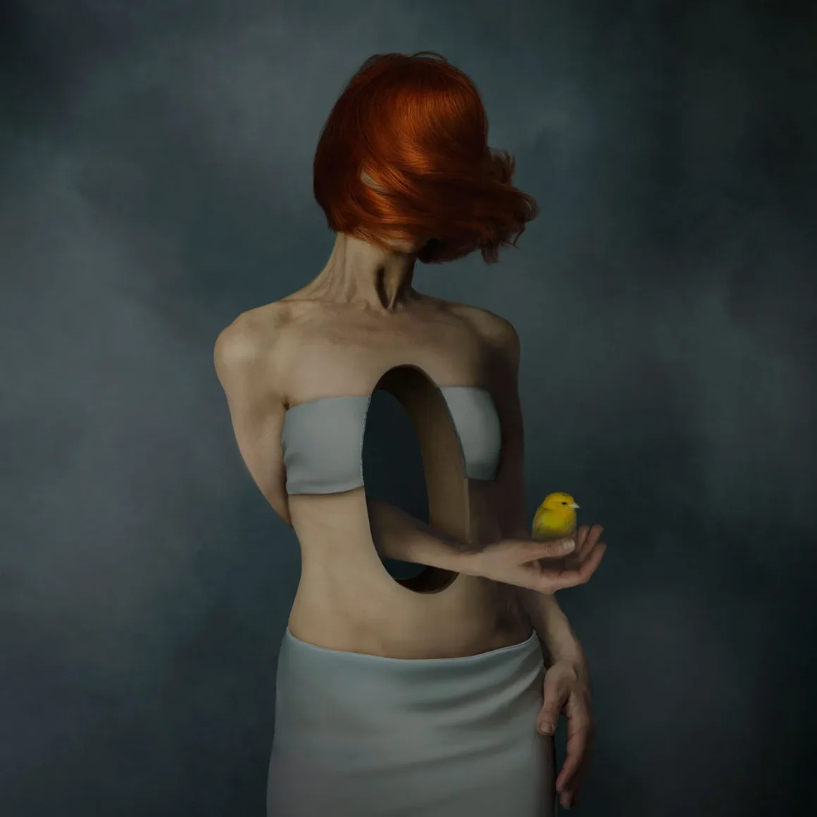 Minimalist Fotoğraf Ödülleri 2026: Kazananlar Sadeliğin Gücünü Gösteriyor 49 A person with red hair and a large, empty oval hole through their torso holds a small yellow bird in their hand.